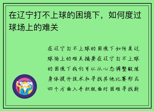在辽宁打不上球的困境下，如何度过球场上的难关